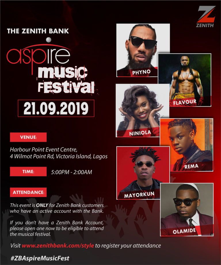 ALL SET AS LAGOS AWAITS ZENITH BANK’S ASPIRE MUSIC FESTIVAL