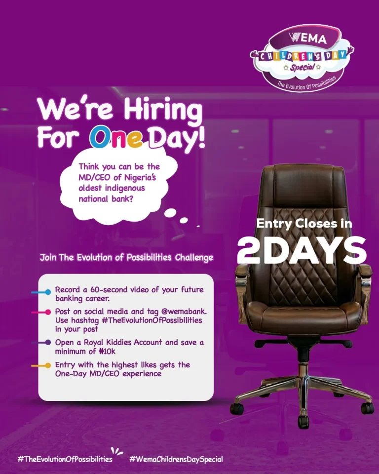 Step Into the Shoes of a CEO: Wema Bank Seeks Next Child CEO for Children’s Day 2026